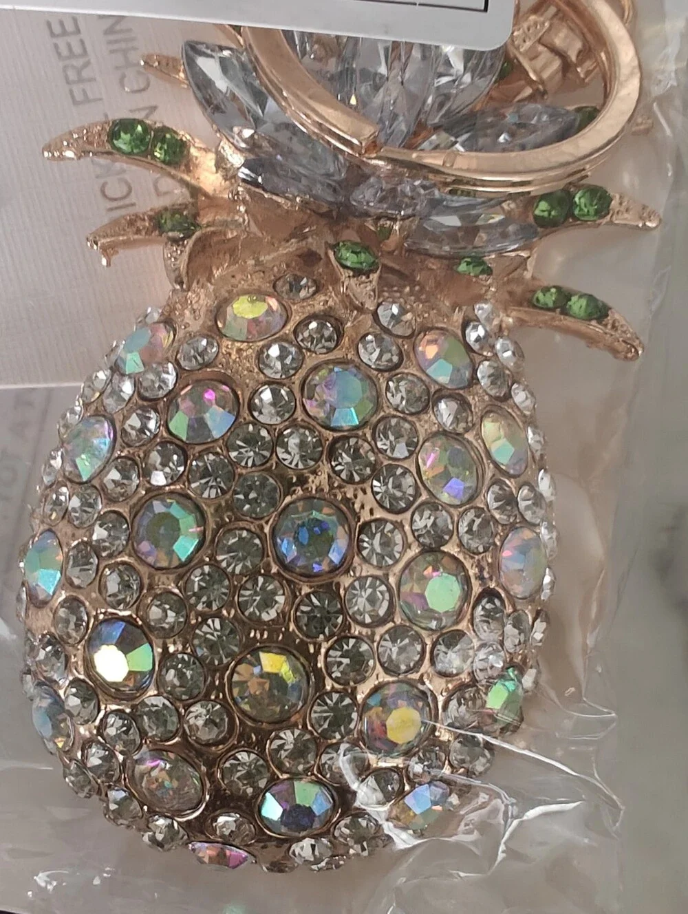 Gold Crystal Pineapple Rhinestone Bag Charm Keychain w/Lt Blue & Green Accents